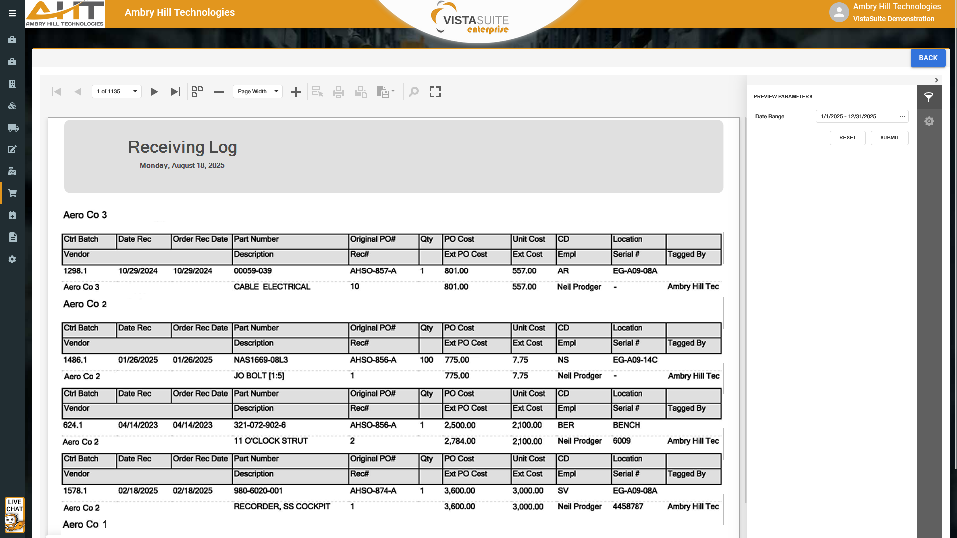 Government Purchase Log Examples Aviation Purchase Order Management | Ambry Hill Technologies